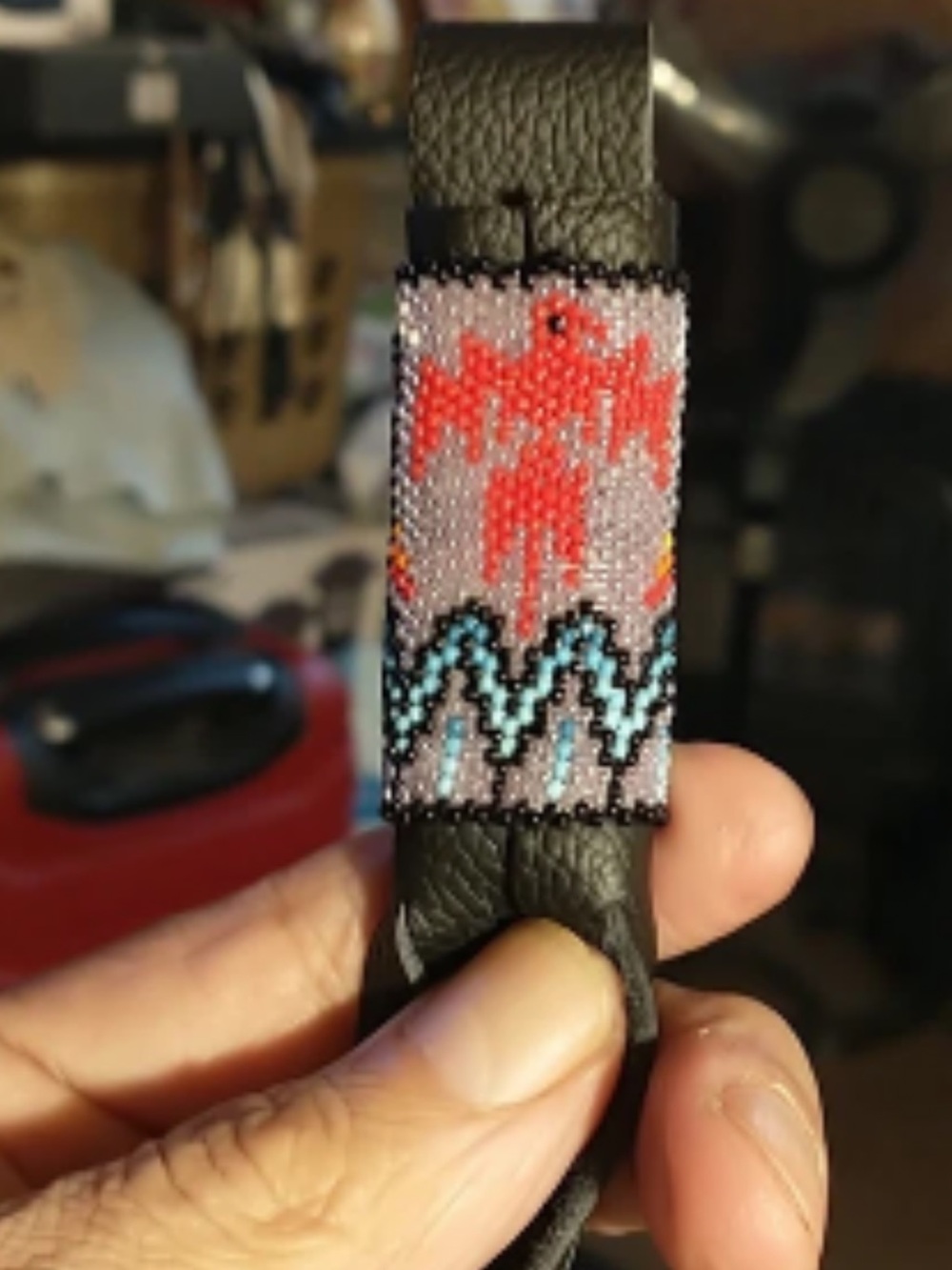 Beaded key chain Leather Strap with Coral color& Turquoise color Native Motif